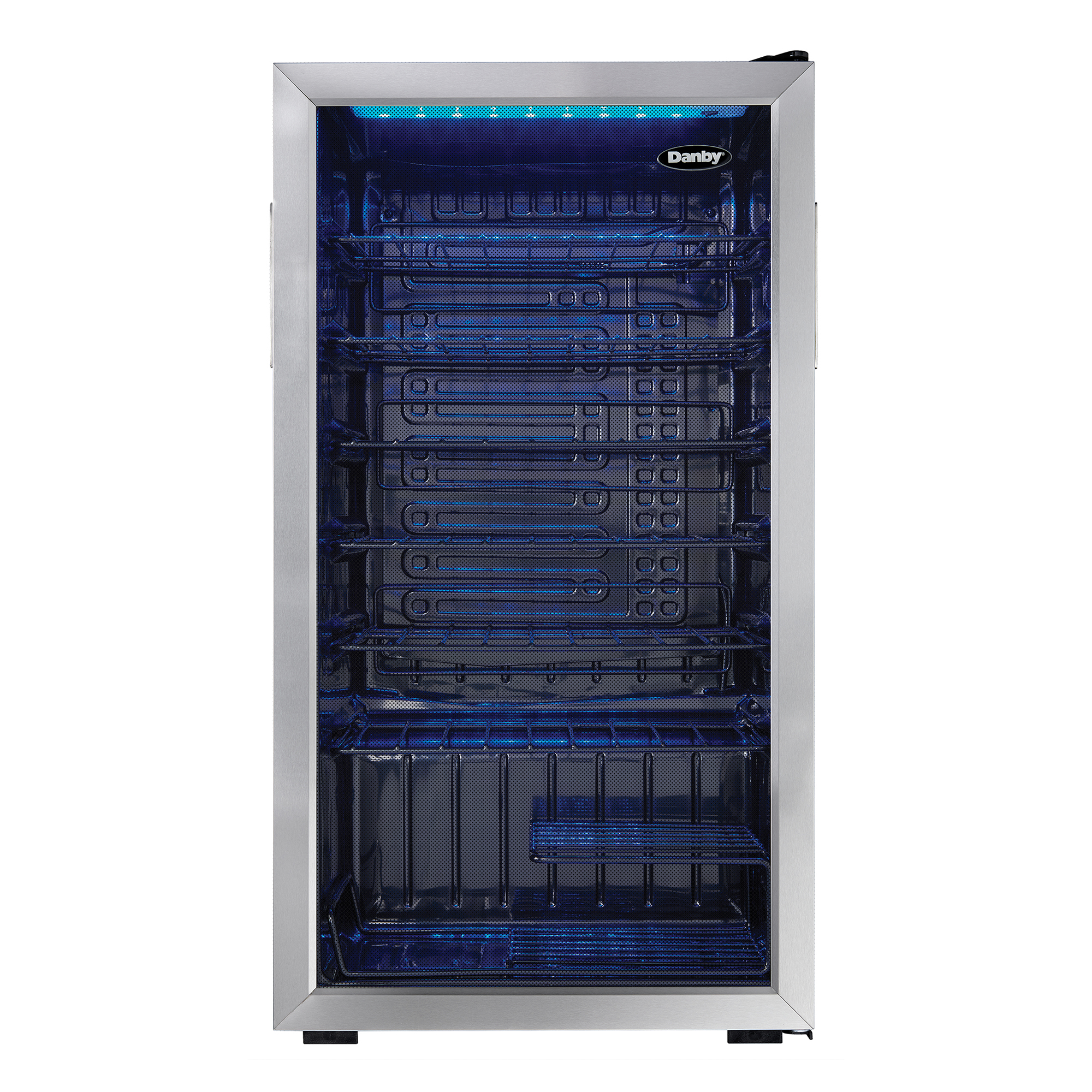 Danby appliances 36 bottle wine cooler stainless DWC036A1BSSDB-6 open front view showing empty interior metal shelves, storage layout, and blue LED lighting inside the cabinet